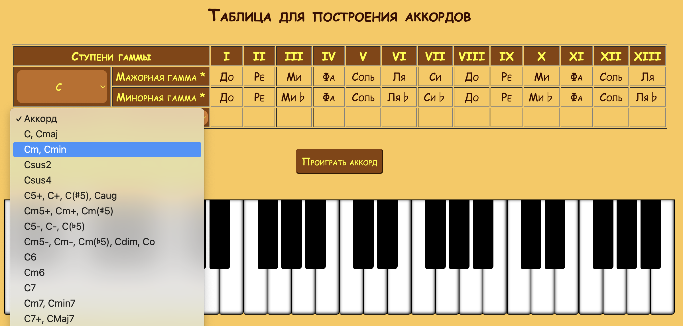 Выберем тип аккорда - до минор.